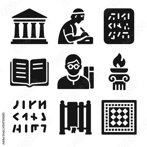 Classical Library Icons. Solid, filled icons set of classical library institutions: Library of Alexandria,