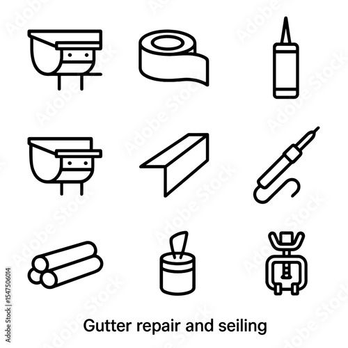 Gutter Repair Icons. Outline icon set of gutter repair and sealing: patch panel, rubber repair tape, sealant cartridge, rivet