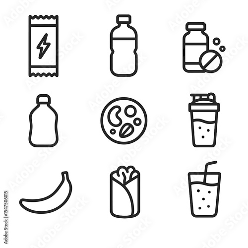 Nutrition Essentials Icons. Outline icon set of nutrition essentials: energy bar, water bottle, electrolyte tablet, gel packet,