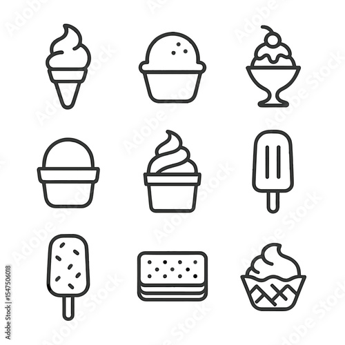 Ice Cream Icon Set. Outline icon set of ice cream varieties: vanilla cone, chocolate scoop, strawberry sundae, mint chip bar,