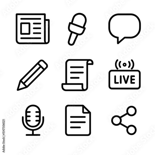 News Icons Set. Outline icon set of News commentaries: newspaper, microphone, comment bubble, editor’s pen, headline scroll, live