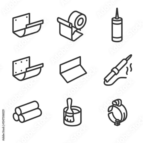 Gutter Repair Icons. Outline icon set of gutter repair and sealing: patch panel, rubber repair tape, sealant cartridge, rivet