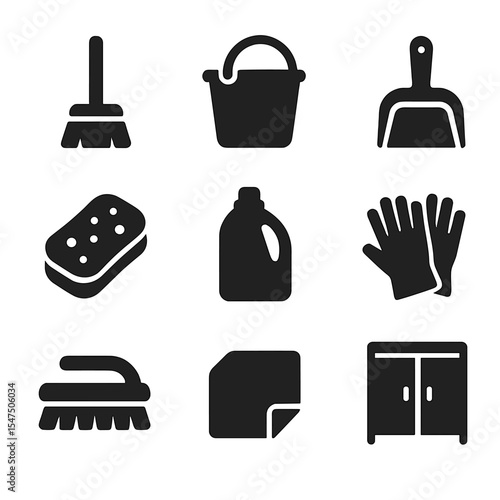 Cleaning Tools Icons. Solid, filled icons set of cleaning tools in utility spaces: broom icon, mop bucket,