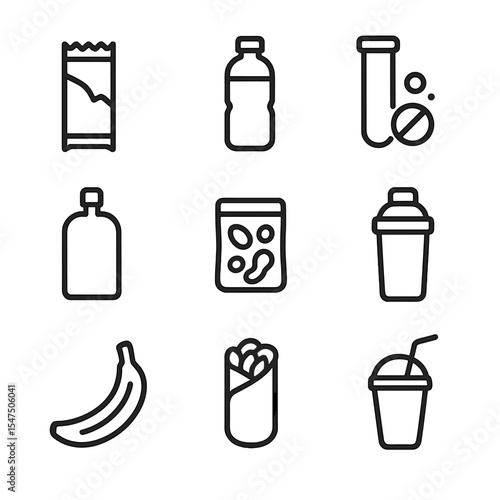 Nutrition Essentials Icons. Outline icon set of nutrition essentials: energy bar, water bottle, electrolyte tablet, gel packet,