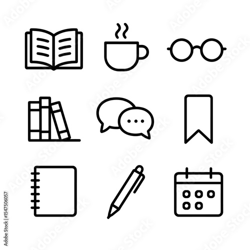 Book Club Essentials. Outline icon set of book club meeting: open book, coffee cup, reading glasses, bookshelf, discussion bubbles
