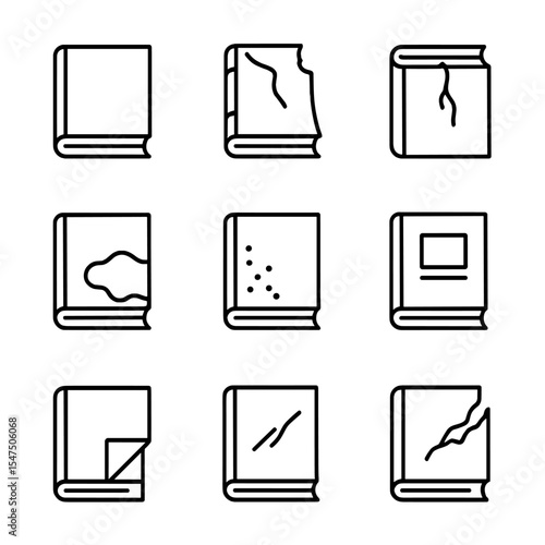 Book Damage Icons. Outline icon set of book damage details: missing cover flap, bent spine, loose binding threads, water-stained