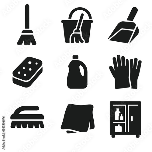 Cleaning Tools Icons. Solid, filled icons set of cleaning tools in utility spaces: broom icon, mop bucket,