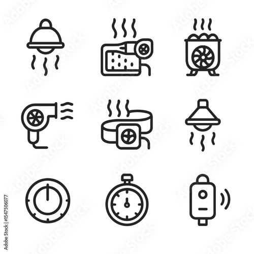 Heat Therapy Icons. Outline icon set of heat therapy: infrared lamp, heat mat with blower, sauna heater fan, therapeutic blower,