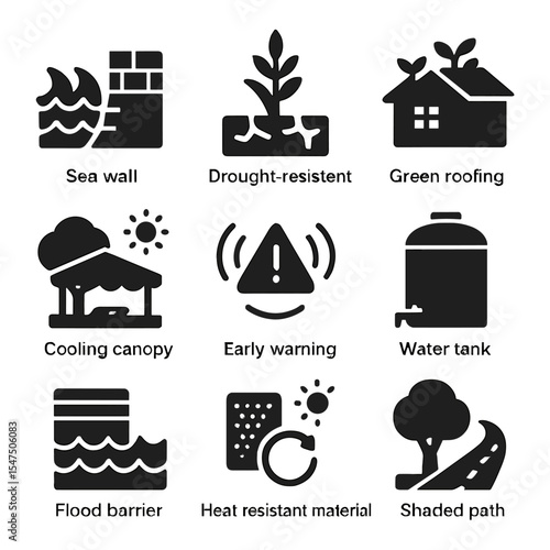 Climate Adaptation Icons. Solid, filled icons set of climate adaptation strategies: sea wall,
