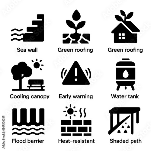 Climate Adaptation Icons. Solid, filled icons set of climate adaptation strategies: sea wall,
