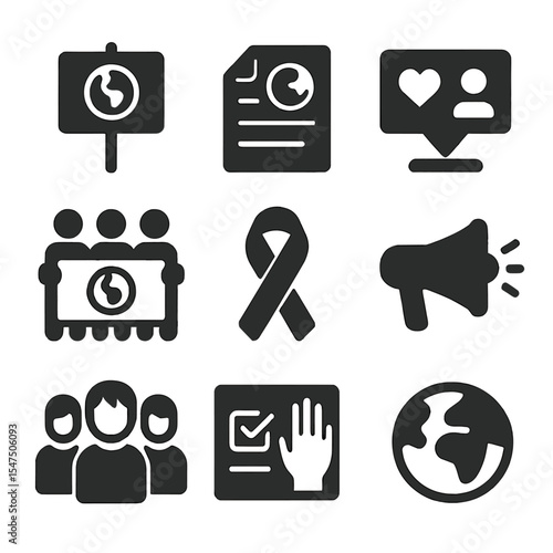 Climate Action Icons. Solid, filled icons set of public awareness and climate action: protest sign, education