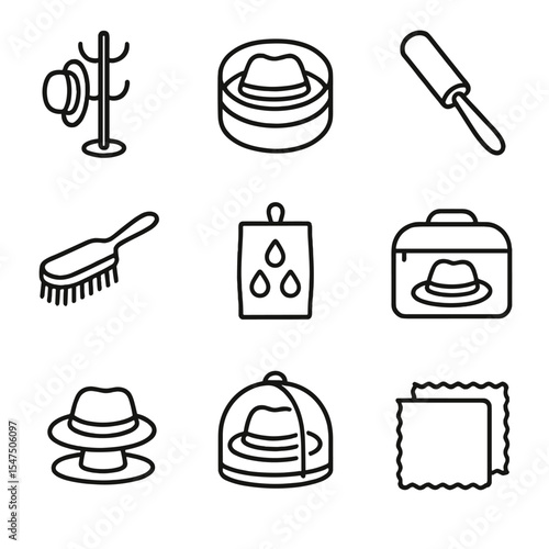 Hat Care Icons. Outline icon set of Hat care and storage: hat rack, hat box, lint roller, soft brush, moisture absorber, storage