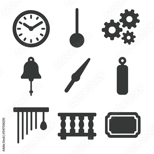 Clock Tower Icon Set. Solid, filled icons set of clock tower parts and features: clock dial, pendulum, gear