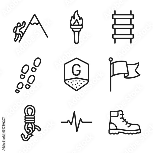 Perseverance Icon Set. Outline icon set of perseverance and grit: mountain climb, torch, rope ladder, footprint trail, windburned