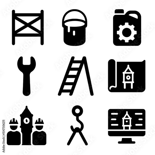 Clock Tower Restoration Icons. Solid, filled icons set of restoration and maintenance of clock towers: