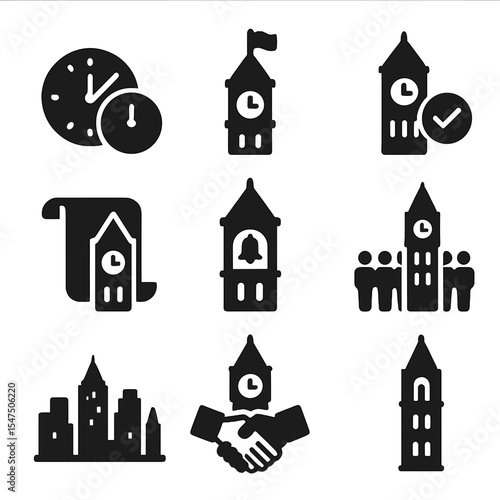 Clock Tower Icon Grid. Solid, filled icons set of symbolic meanings of clock towers: passage of time, civic