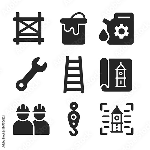 Clock Tower Restoration Icons. Solid, filled icons set of restoration and maintenance of clock towers: