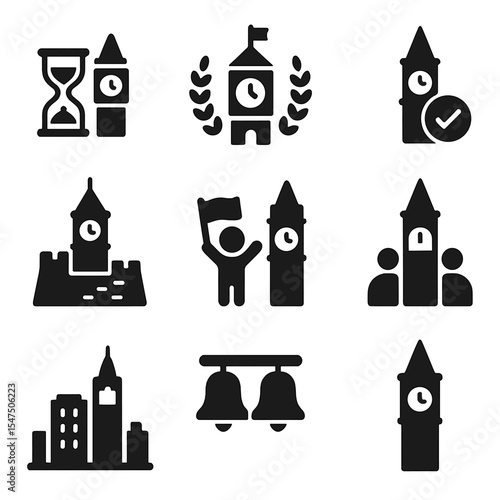 Clock Tower Icon Grid. Solid, filled icons set of symbolic meanings of clock towers: passage of time, civic