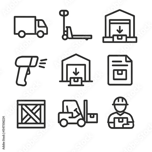 Inventory Receiving Icons. Outline icon set of inventory receiving: delivery truck, pallet jack, loading dock, barcode scanner,