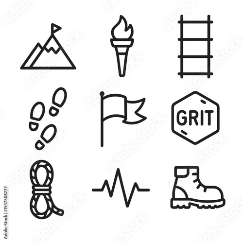 Perseverance Icon Set. Outline icon set of perseverance and grit: mountain climb, torch, rope ladder, footprint trail, windburned