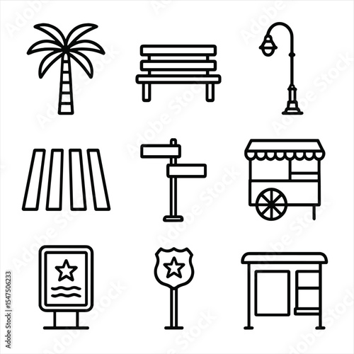 Hollywood Boulevard Icons. Outline icon set of palm-lined Hollywood Boulevard: tall palm tree, bench on sidewalk, street lamp,