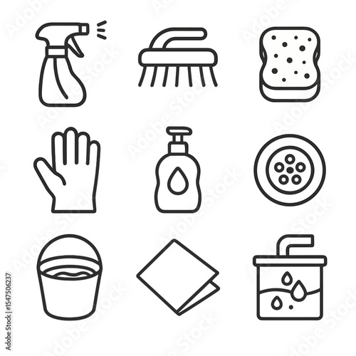 Kitchen Cleaning Icons. Outline icon set of kitchen degreasing tools: degreaser spray, scrub brush, sponge, rubber glove, dish