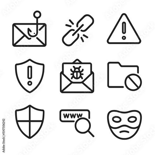 Phishing Detection Icons. Outline icon set of phishing detection: hook and envelope, suspicious link chain, warning triangle,