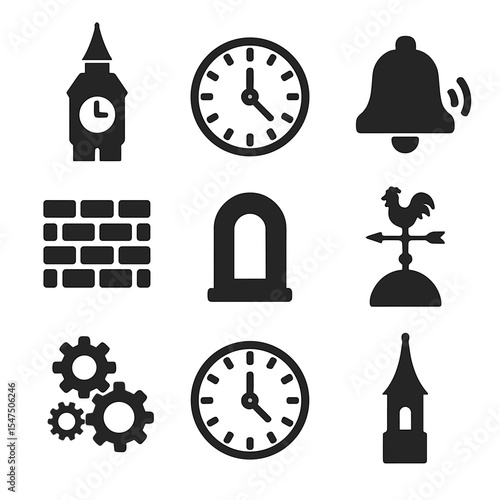 Clock Tower Icons. Solid, filled icons set of clock tower: tower spire, large clock face, roman numerals, hour