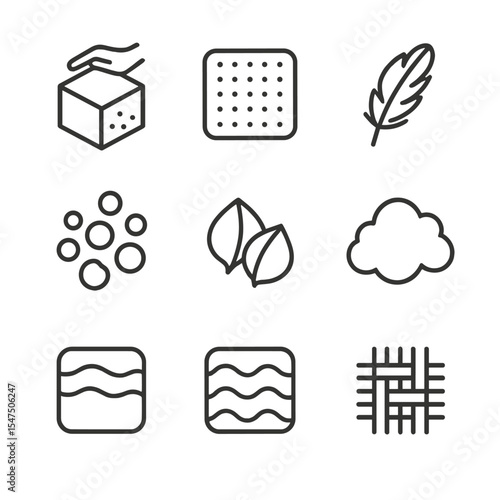 Pillow Material Icons. Outline icon set of pillow materials: memory foam cube, latex core, down feather tuft, microbead cluster,