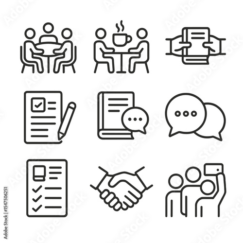 Post-Reading Icon Set. Outline icon set of post-reading discussions: roundtable, coffee chat, book exchange, feedback form,