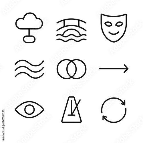 Icon Set_ Poetic Devices. Outline icon set of poetic devices and symbols: metaphor cloud, simile bridge, alliteration waves,