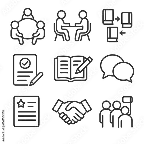 Post-Reading Icon Set. Outline icon set of post-reading discussions: roundtable, coffee chat, book exchange, feedback form,