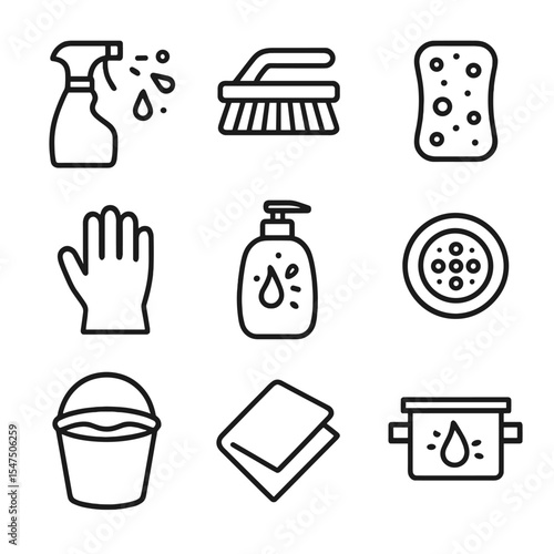 Kitchen Cleaning Icons. Outline icon set of kitchen degreasing tools: degreaser spray, scrub brush, sponge, rubber glove, dish