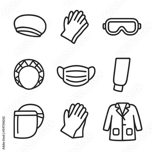 Lab Safety Icons. Outline icon set of lab safety wear: lab cap, nitrile gloves, safety goggles, hairnet, surgical mask, lab coat