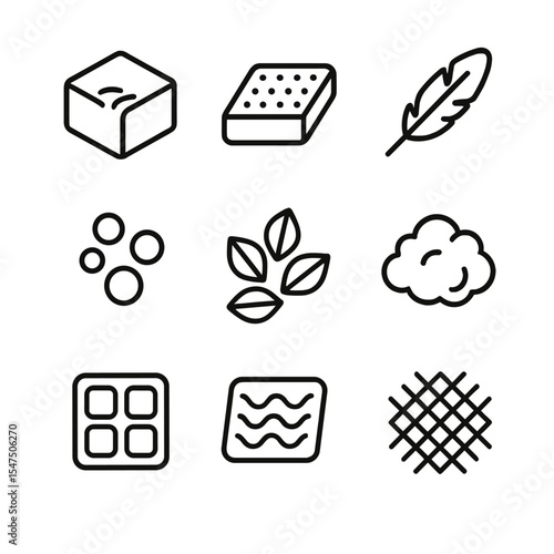 Pillow Material Icons. Outline icon set of pillow materials: memory foam cube, latex core, down feather tuft, microbead cluster,