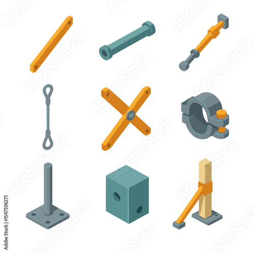 Bracing Components Icons. Isometric Flat icon set of bracing and stabilization components: diagonal brace bar, horizontal brace