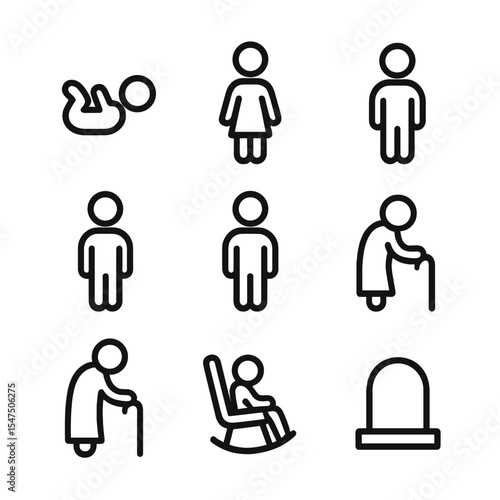Human Life Phases. Outline icon set of human life phases: infancy, childhood, adolescence, adulthood, middle age, senior age,