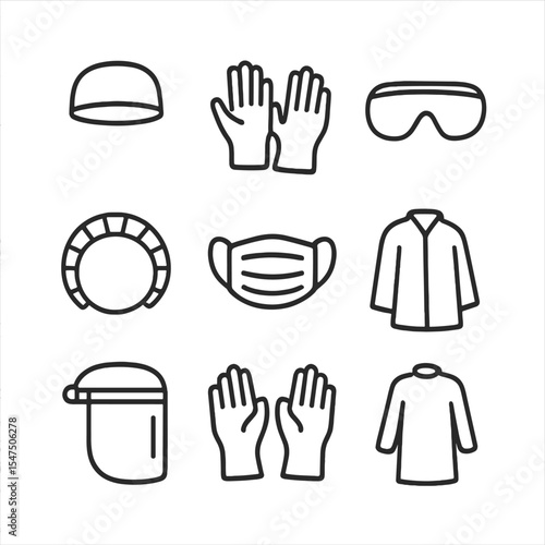 Lab Safety Icons. Outline icon set of lab safety wear: lab cap, nitrile gloves, safety goggles, hairnet, surgical mask, lab coat