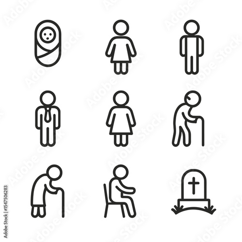 Human Life Phases. Outline icon set of human life phases: infancy, childhood, adolescence, adulthood, middle age, senior age,