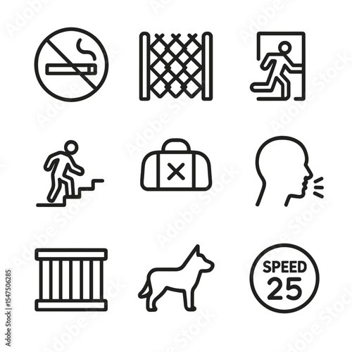 Prison Signage Icons. Outline icon set of prison signage and warnings: no smoking sign, restricted area, emergency exit, watch