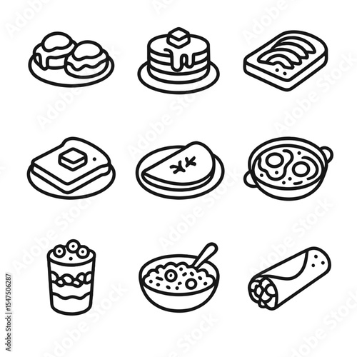 Breakfast and Demographics Icons. Outline icon set of breakfast classics: eggs Benedict, pancakes stack, avocado toast, French
