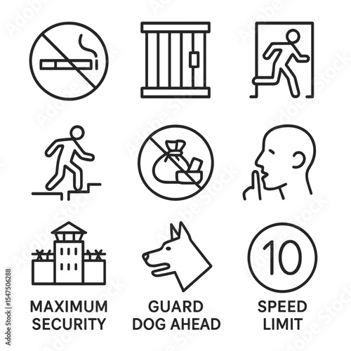 Prison Signage Icons. Outline icon set of prison signage and warnings: no smoking sign, restricted area, emergency exit, watch