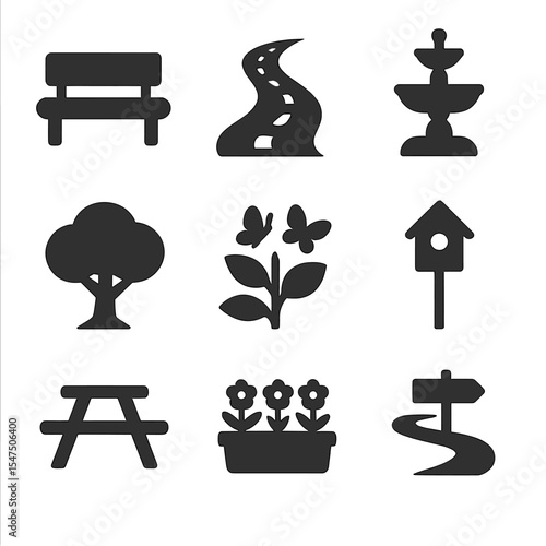 Community Green Space Icons. Solid, filled icons set of community green space features: public bench, garden