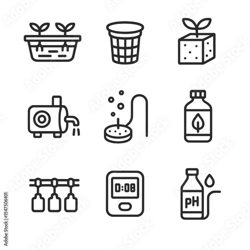 Hydroponic and Livestock Icons. Outline icon set of hydroponic setups: nutrient film technique tray, net pot, rockwool cube, water