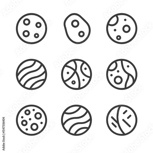 Major Moons Icon Set. Outline icon set of major moons: Moon, Phobos, Deimos, Io, Europa, Ganymede, Callisto, Titan, Enceladus.