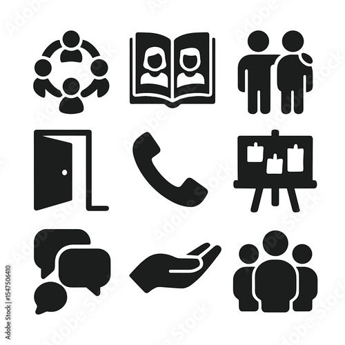 Community Support Icons. Solid, filled icons set of community support systems: group circle, shared story,