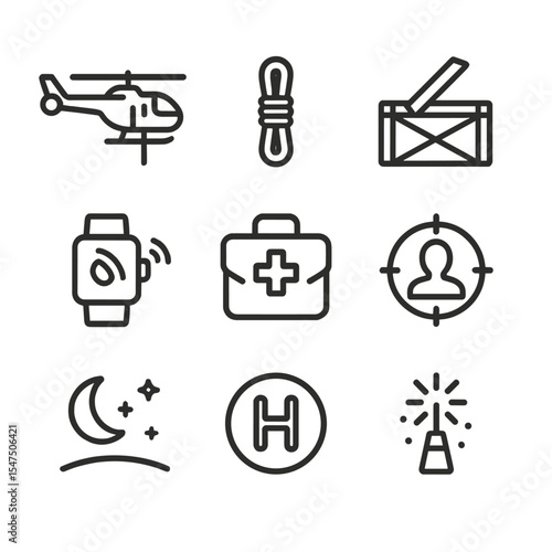 Infiltration Icon Set. Outline icon set of extraction mission infiltration: helicopter silhouette, rappel rope, extraction crate,