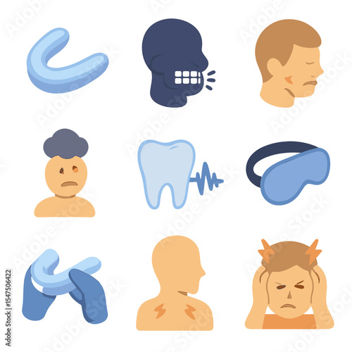 Bruxism Icon Set. Isometric Flat icon set of bruxism and clenching: night guard, grinding teeth silhouette, jaw clenching, stress