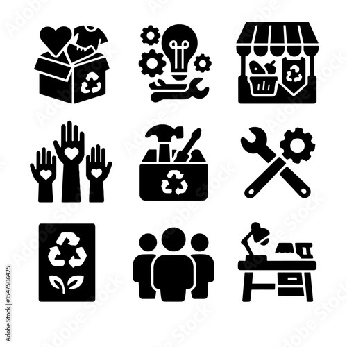 Community Initiatives Icons. Solid, filled icons set of community initiatives with upcycled goods: donation