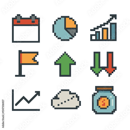 Budget Planning Icons. Pixel art icon set of monthly budget planning: calendar page, pie chart, bar graph, goal flag, income arrow